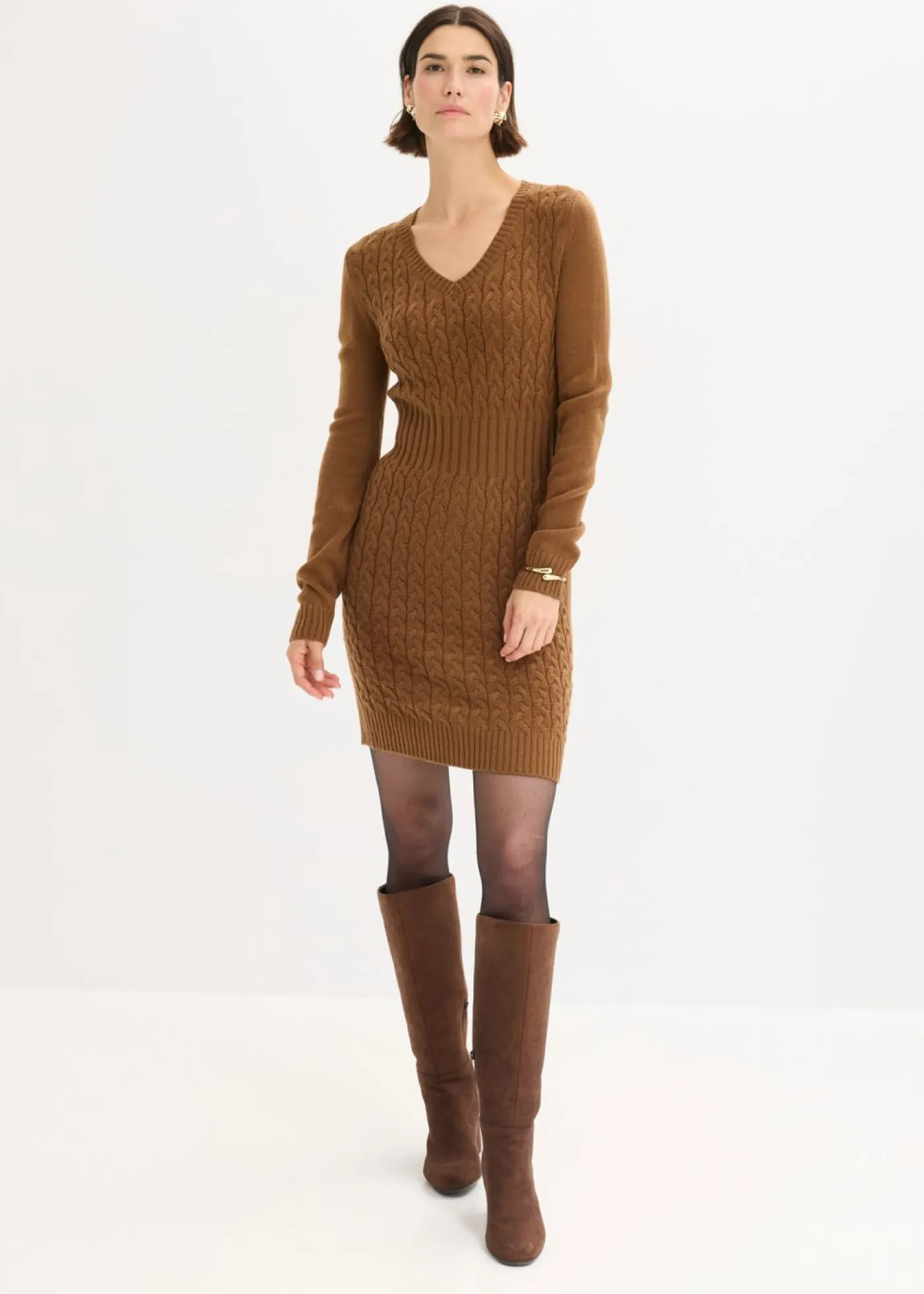 bonprix bonprix Vestido de punto con patrón trenzado marrón pimienta Discount