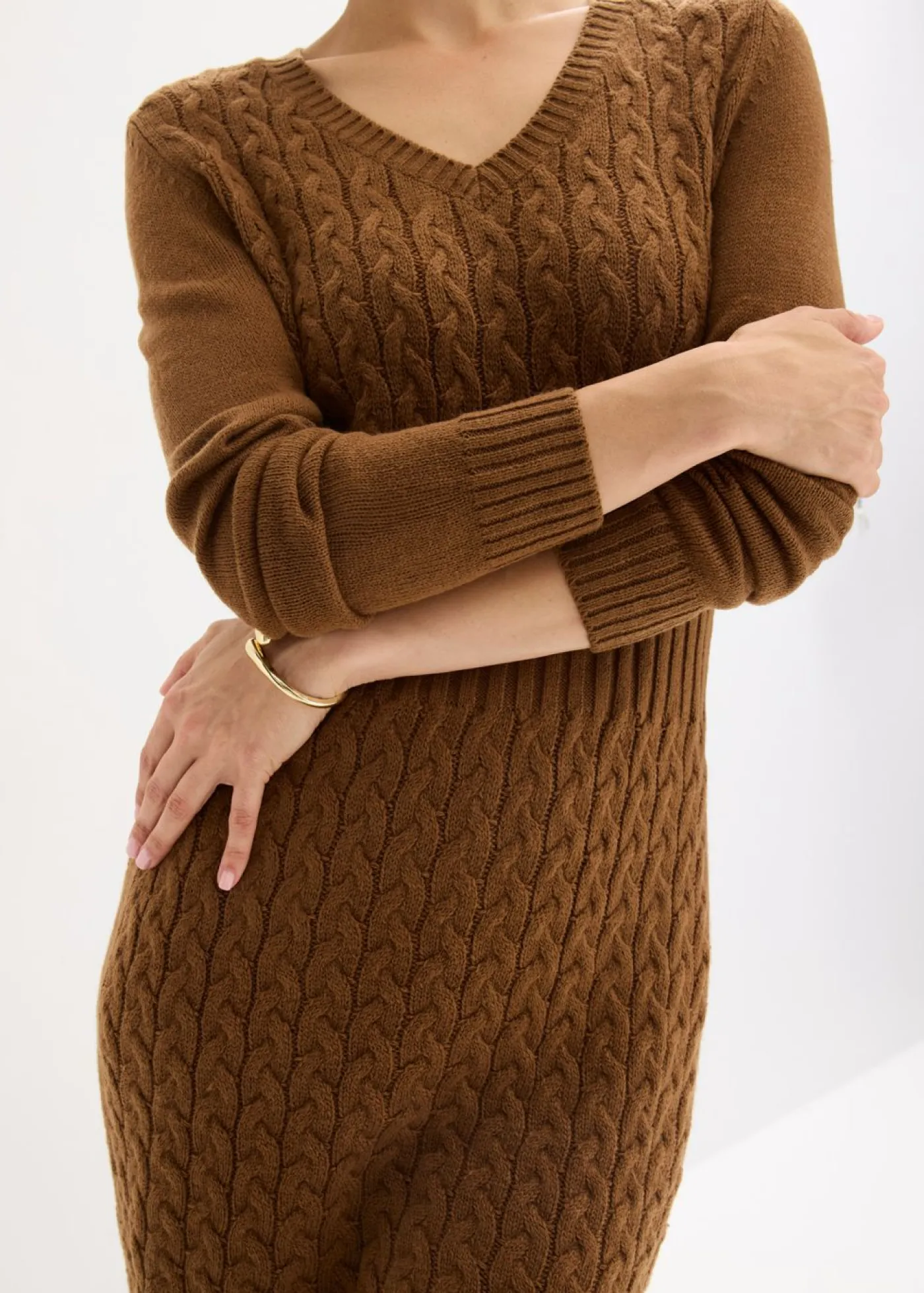 bonprix bonprix Vestido de punto con patrón trenzado marrón pimienta Discount