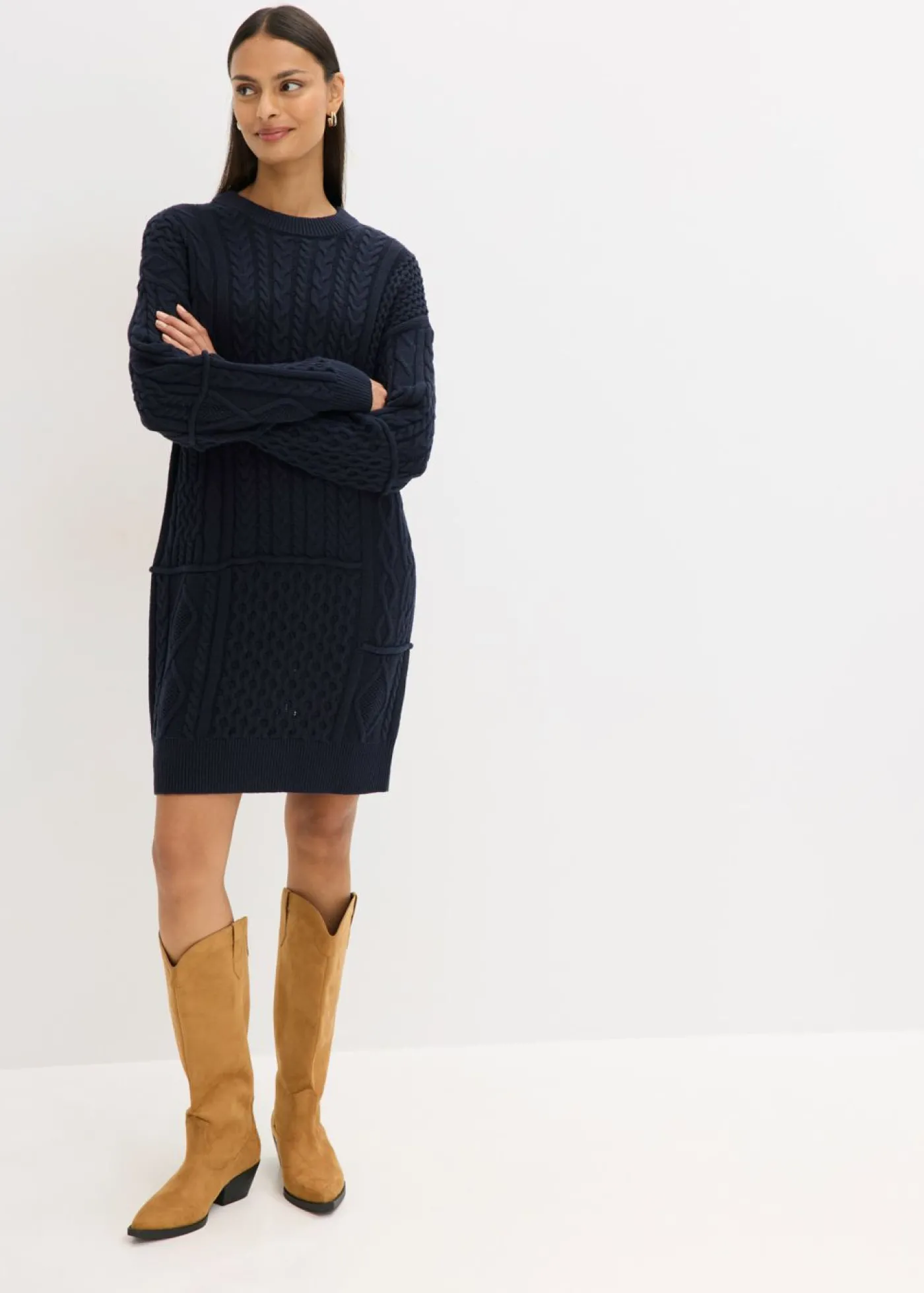 bonprix bonprix Vestido de punto con patrón trenzado azul tinta Clearance