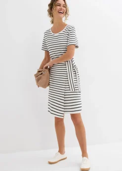 bonprix bonprix Vestido de punto de algodón puro blanco lana-negro con rayas Discount