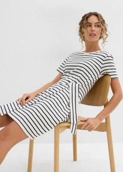 bonprix bonprix Vestido de punto de algodón puro blanco lana-negro con rayas Discount