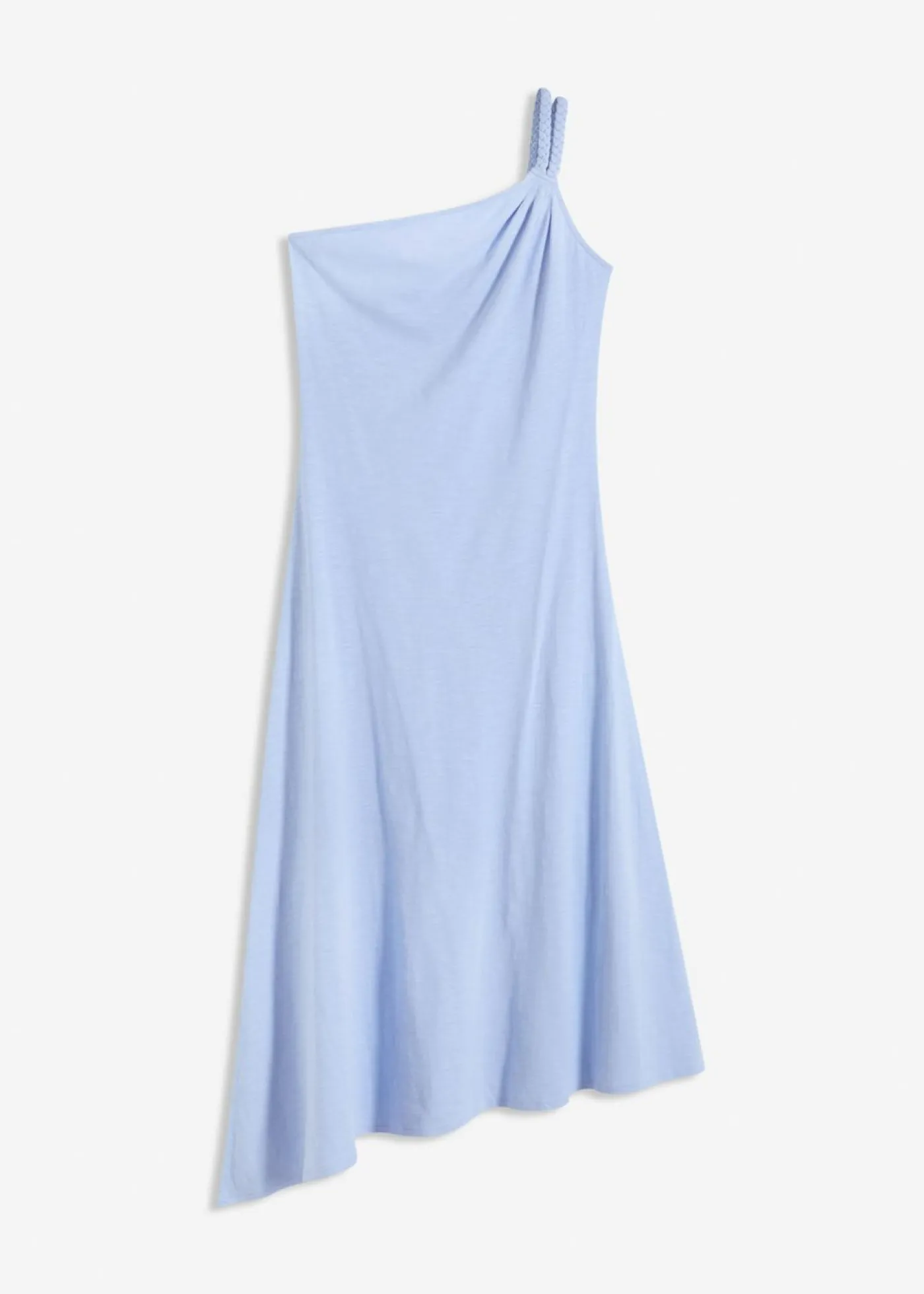 bonprix bonprix Vestido de punto de algodón con dobladillo asimétrico y detalle de nudo en el hombro Azul perla Best