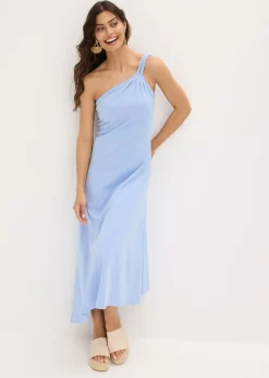 bonprix bonprix Vestido de punto de algodón con dobladillo asimétrico y detalle de nudo en el hombro Azul perla Best