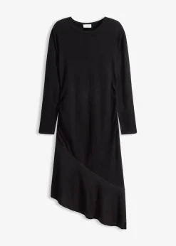 bonprix bonprix Vestido de punto de algodón y cachemir con dobladillo asimétrico Negro Sale