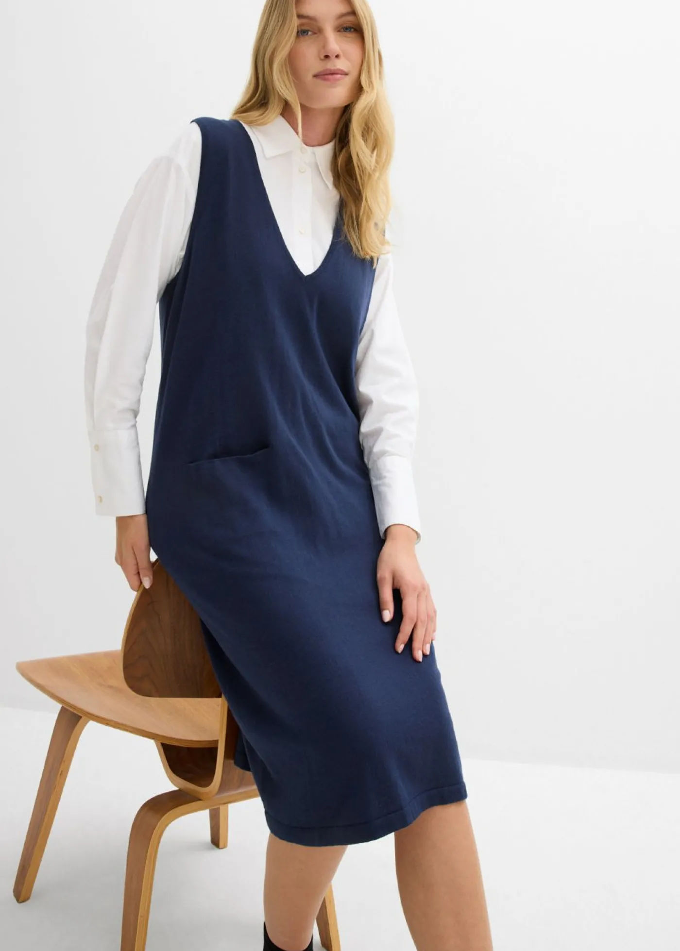 bonprix bonprix Vestido de punto de algodón puro Azul marino Clearance