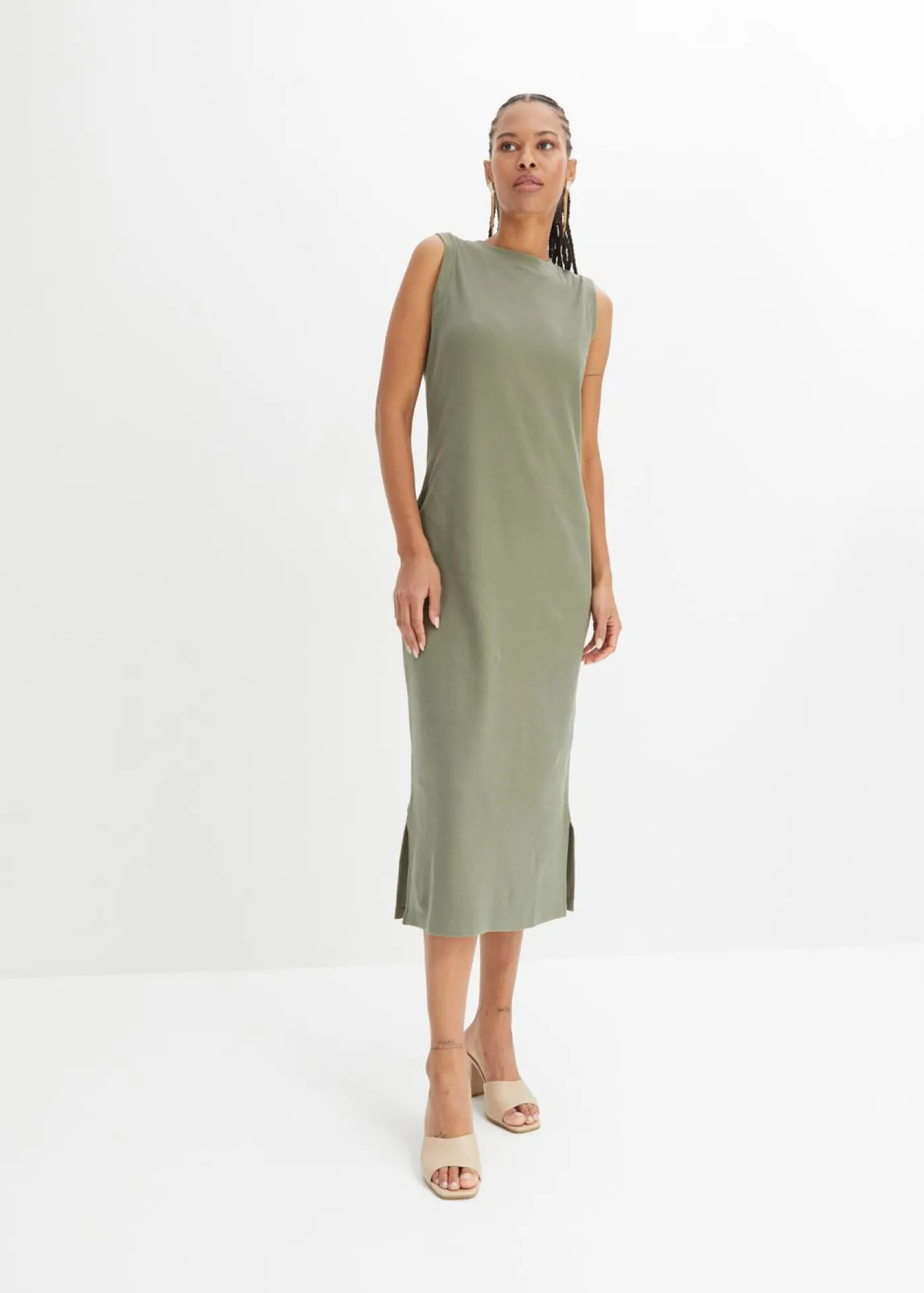 bonprix bonprix Vestido de punto de algodón con elástico Verde oliva Sale