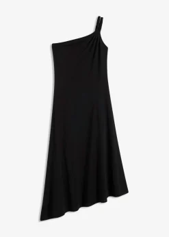 bonprix bonprix Vestido de punto de algodón con dobladillo asimétrico y detalle de nudo en el hombro Negro Best