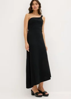 bonprix bonprix Vestido de punto de algodón con dobladillo asimétrico y detalle de nudo en el hombro Negro Best