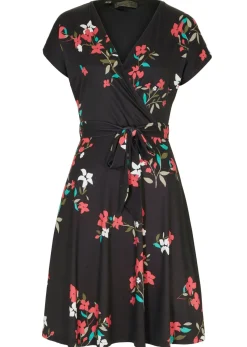 bonprix bonprix Vestido de punto de diseño cruzado negro-frambuesa con flores Hot