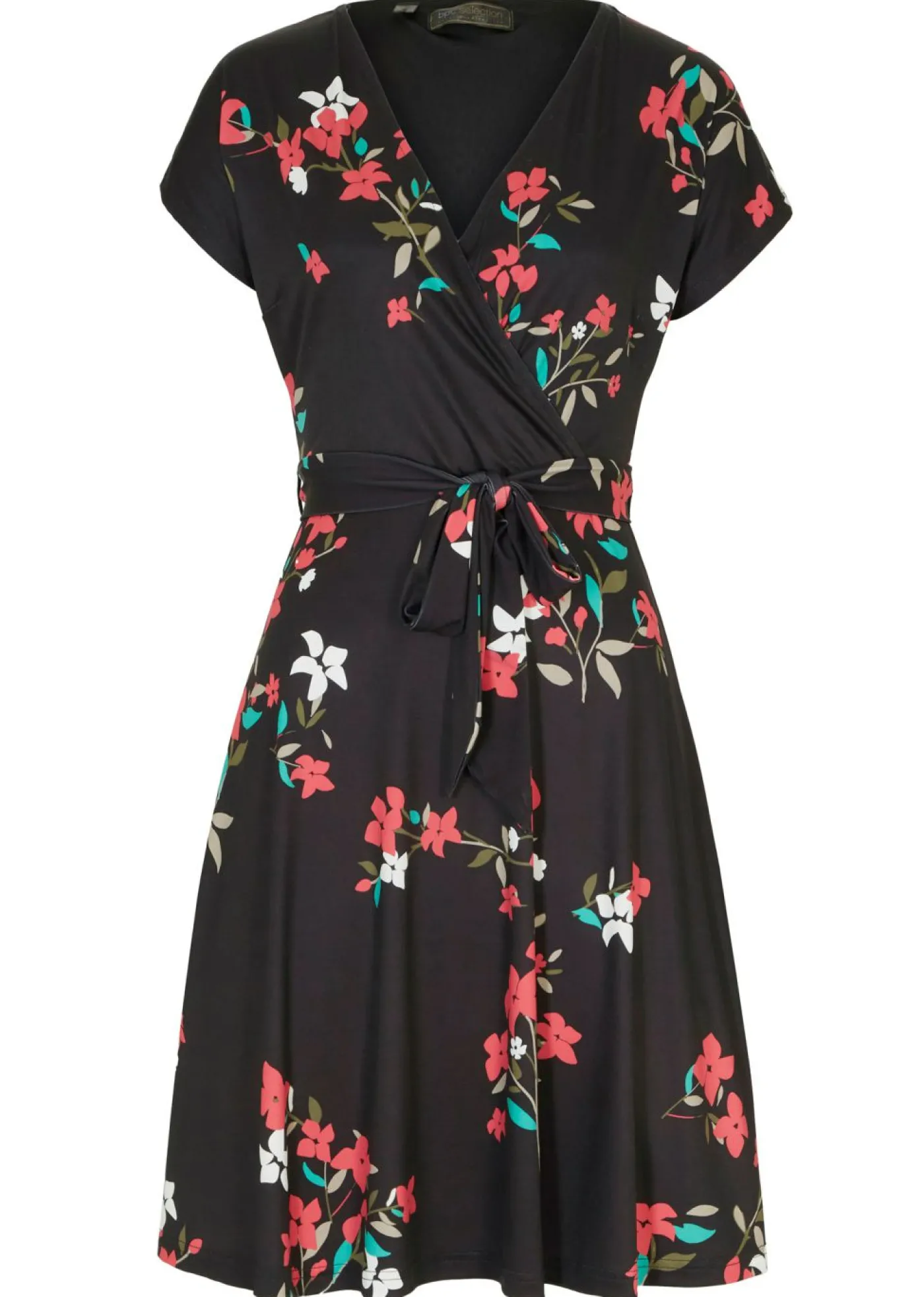bonprix bonprix Vestido de punto de diseño cruzado negro-frambuesa con flores Hot