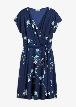 bonprix bonprix Vestido de punto de diseño cruzado Azul con flores Sale