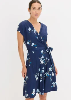 bonprix bonprix Vestido de punto de diseño cruzado Azul con flores Sale