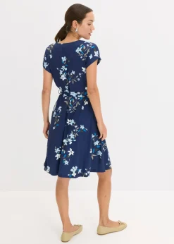 bonprix bonprix Vestido de punto de diseño cruzado Azul con flores Sale