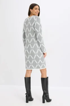 bonprix bonprix Vestido de punto de hilo metálico con estampado de rombos Gris claro jaspeado/blanco lana con estampado gráfico Best