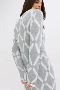 bonprix bonprix Vestido de punto de hilo metálico con estampado de rombos Gris claro jaspeado/blanco lana con estampado gráfico Best