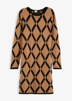 bonprix bonprix Vestido de punto de hilo metálico con estampado de rombos marrón claro-negro a cuadros Online