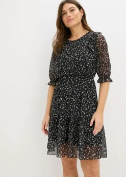 bonprix bonprix Vestido de punto de malla fina Negro con flores New