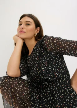 bonprix bonprix Vestido de punto de malla fina Negro con flores New