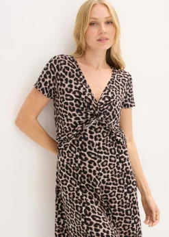 bonprix bonprix Vestido de punto de mezcla de viscosa Beige con estampado de leopardo