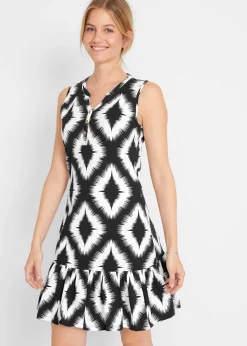 bonprix bonprix Vestido de punto de mezcla de algodón suave Negro con estampado gráfico Sale