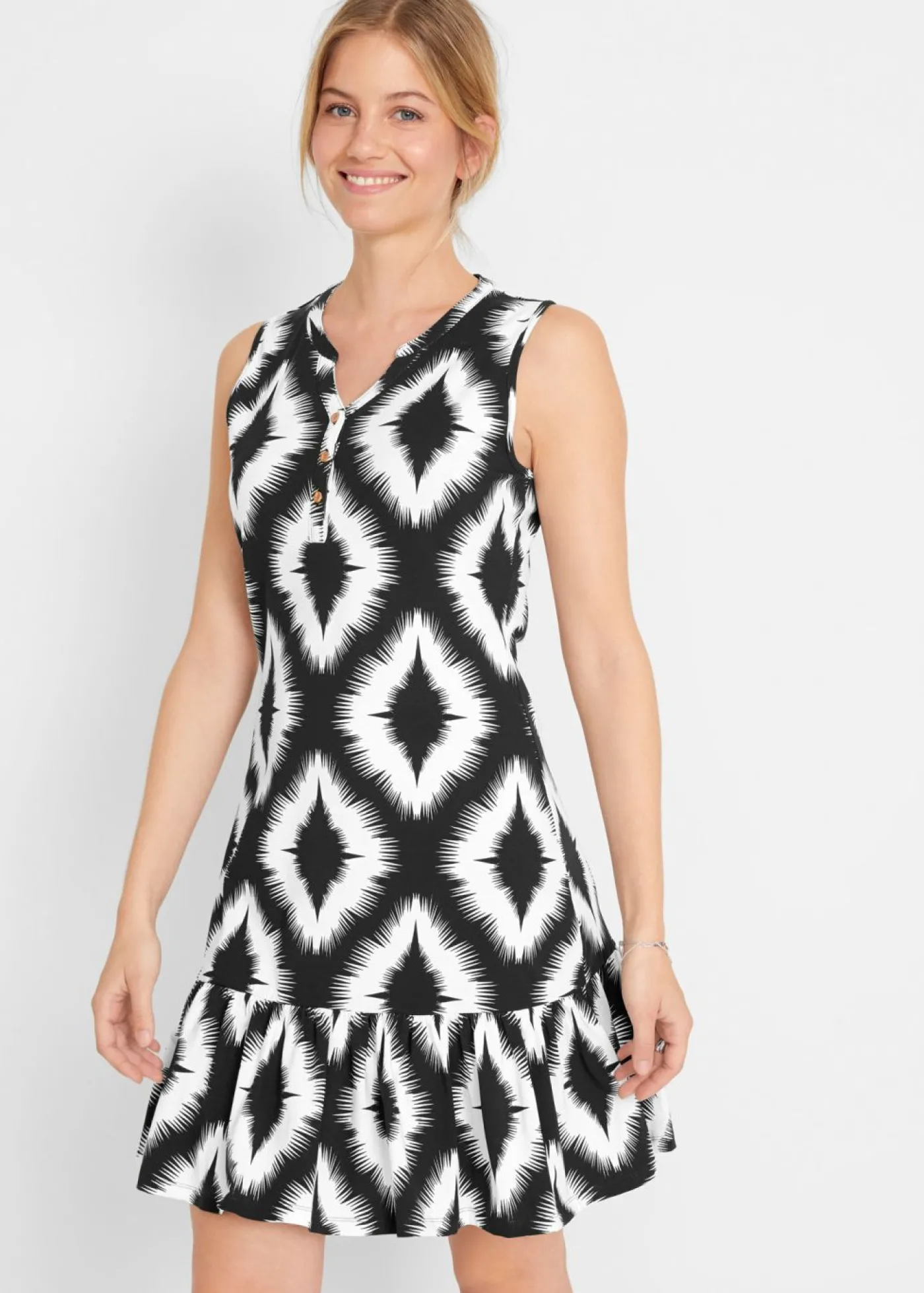 bonprix bonprix Vestido de punto de mezcla de algodón suave Negro con estampado gráfico Sale