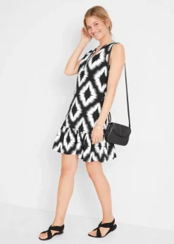 bonprix bonprix Vestido de punto de mezcla de algodón suave Negro con estampado gráfico Sale