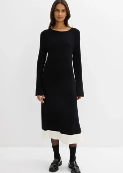 bonprix bonprix Vestido de punto de mezcla de viscosa con detalles en contraste Negro-blanco lana
