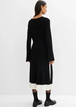 bonprix bonprix Vestido de punto de mezcla de viscosa con detalles en contraste Negro-blanco lana