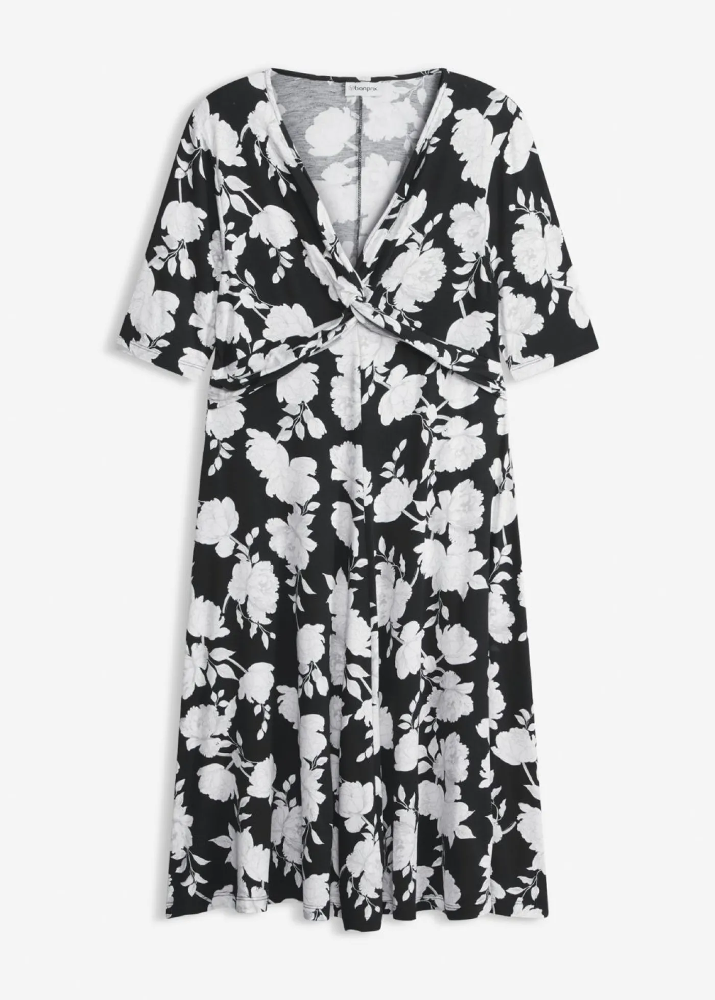 bonprix bonprix Vestido de punto de mezcla de viscosa con drapeado Negro de flores Outlet