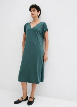 bonprix bonprix Vestido de punto de mezcla de viscosa con escote en V verde sombra Sale