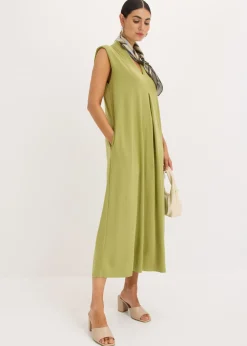 bonprix bonprix Vestido de punto de piqué de viscosa con hombreras Verde oliva-dorado Sale