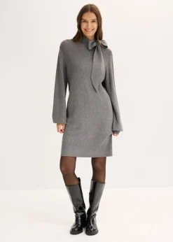 bonprix bonprix Vestido de punto de suave mezcla de viscosa con lazo Gris jaspeado Hot