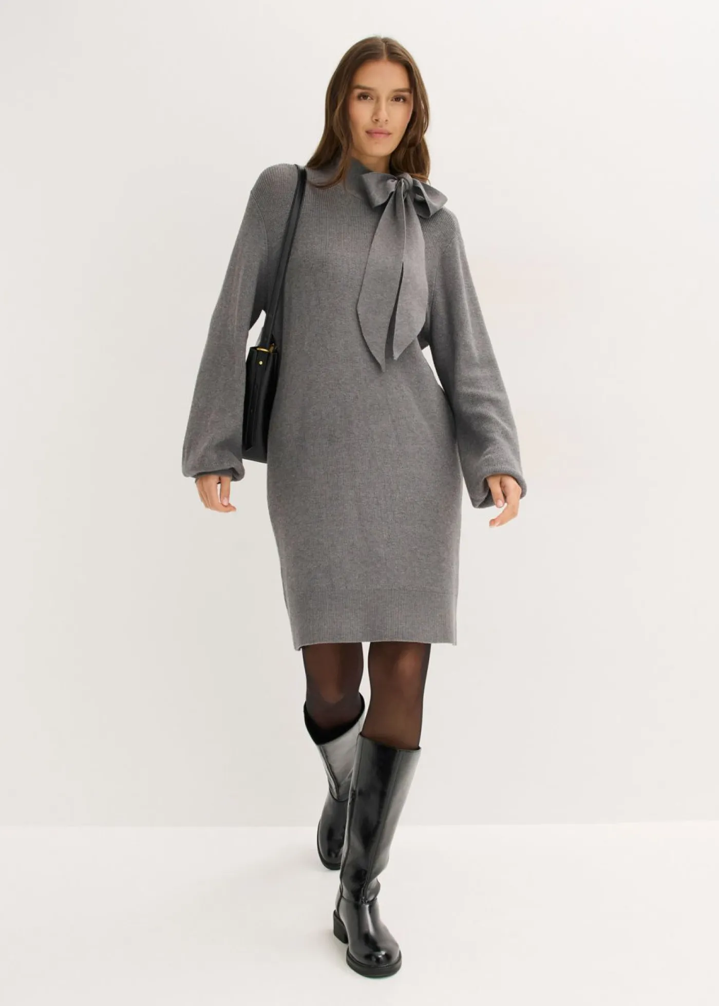 bonprix bonprix Vestido de punto de suave mezcla de viscosa con lazo Gris jaspeado Hot