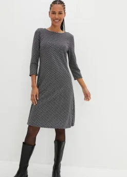 bonprix bonprix Vestido de Punto di Roma en mezcla de viscosa con estampado jacquard Negro-blanco lana Best