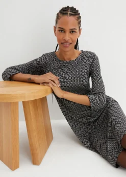 bonprix bonprix Vestido de Punto di Roma en mezcla de viscosa con estampado jacquard Negro-blanco lana Best