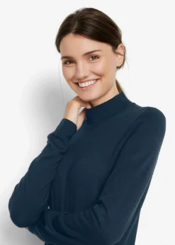 bonprix bonprix Vestido de punto fino con cuello alto Azul oscuro