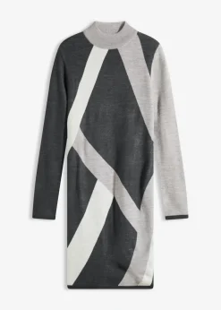 bonprix bonprix Vestido de punto jacquard con rayas modernas Antracita jaspeado/blanco lana/gris claro jaspeado con estampado gráfico New