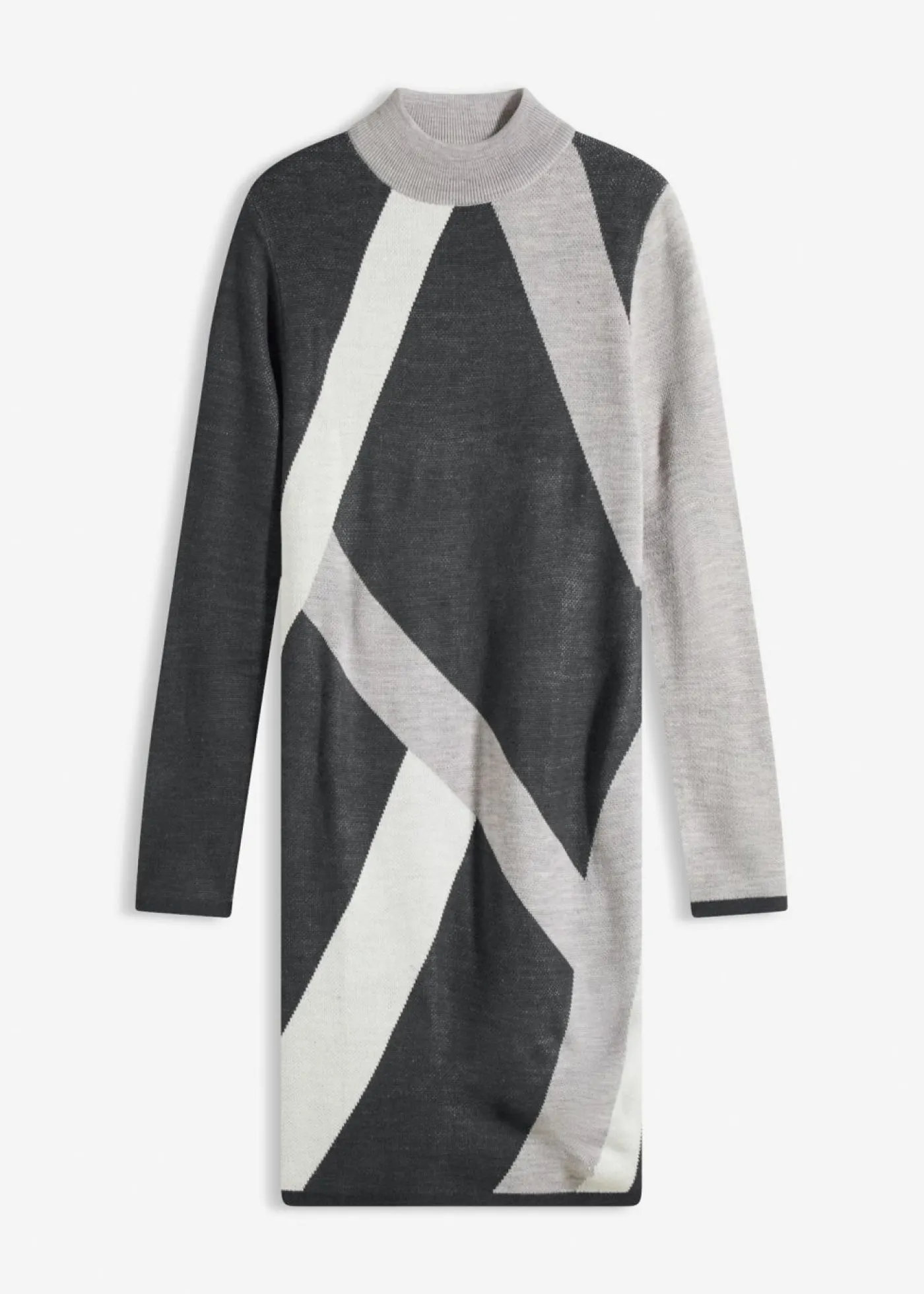 bonprix bonprix Vestido de punto jacquard con rayas modernas Antracita jaspeado/blanco lana/gris claro jaspeado con estampado gráfico New