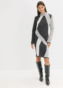 bonprix bonprix Vestido de punto jacquard con rayas modernas Antracita jaspeado/blanco lana/gris claro jaspeado con estampado gráfico New
