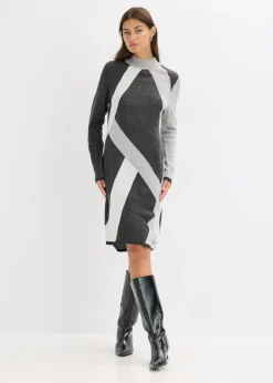 bonprix bonprix Vestido de punto jacquard con rayas modernas Antracita jaspeado/blanco lana/gris claro jaspeado con estampado gráfico New