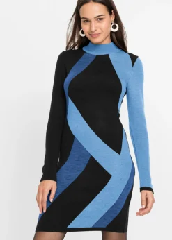 bonprix bonprix Vestido de punto jacquard con rayas modernas Azul claro/azul marino con estampado gráfico Sale