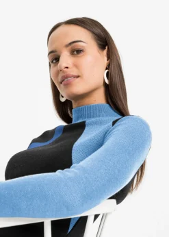bonprix bonprix Vestido de punto jacquard con rayas modernas Azul claro/azul marino con estampado gráfico Sale