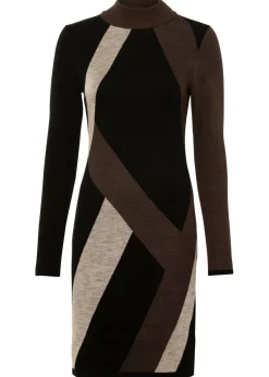bonprix bonprix Vestido de punto jacquard con rayas modernas Negro-marrón con estampado gráfico Best