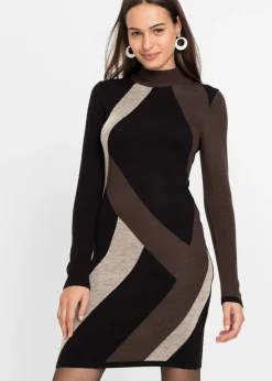 bonprix bonprix Vestido de punto jacquard con rayas modernas Negro-marrón con estampado gráfico Best