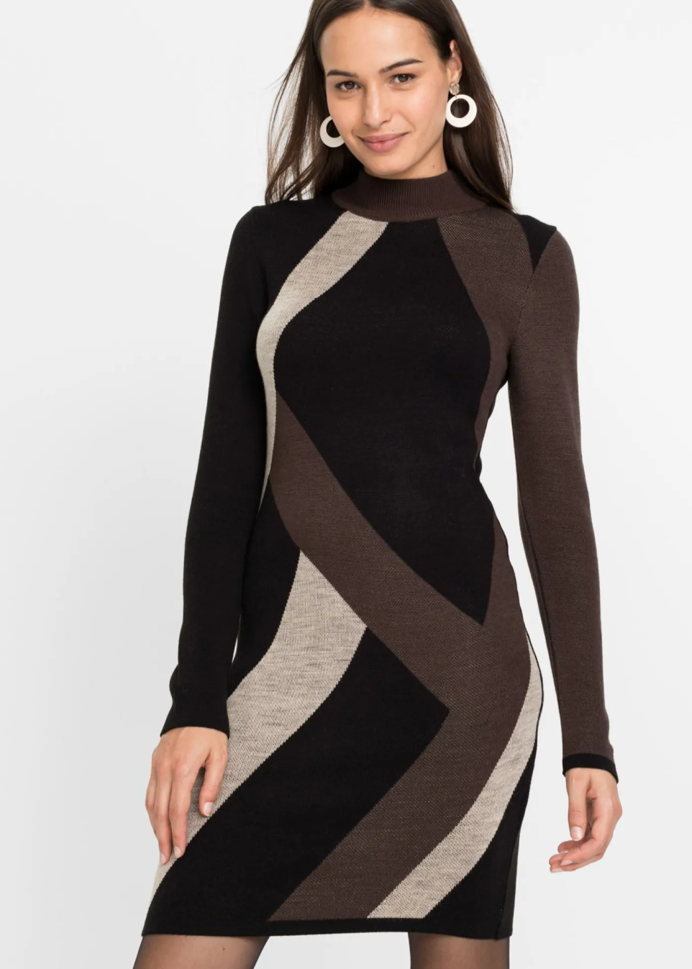 bonprix bonprix Vestido de punto jacquard con rayas modernas Negro-marrón con estampado gráfico Best