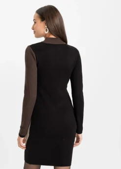 bonprix bonprix Vestido de punto jacquard con rayas modernas Negro-marrón con estampado gráfico Best