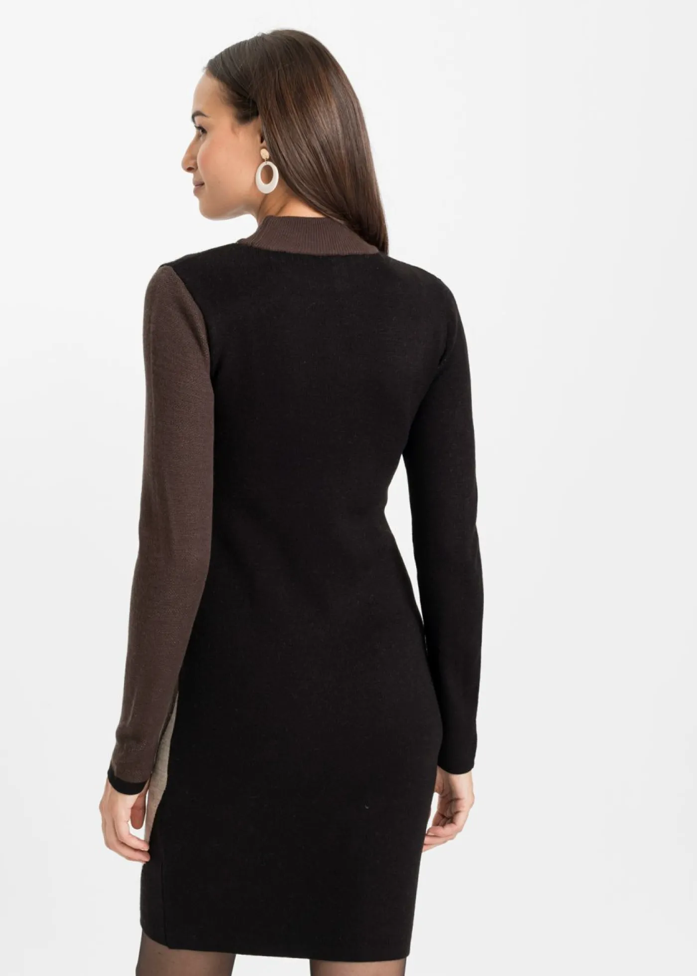 bonprix bonprix Vestido de punto jacquard con rayas modernas Negro-marrón con estampado gráfico Best