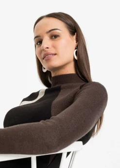 bonprix bonprix Vestido de punto jacquard con rayas modernas Negro-marrón con estampado gráfico Best