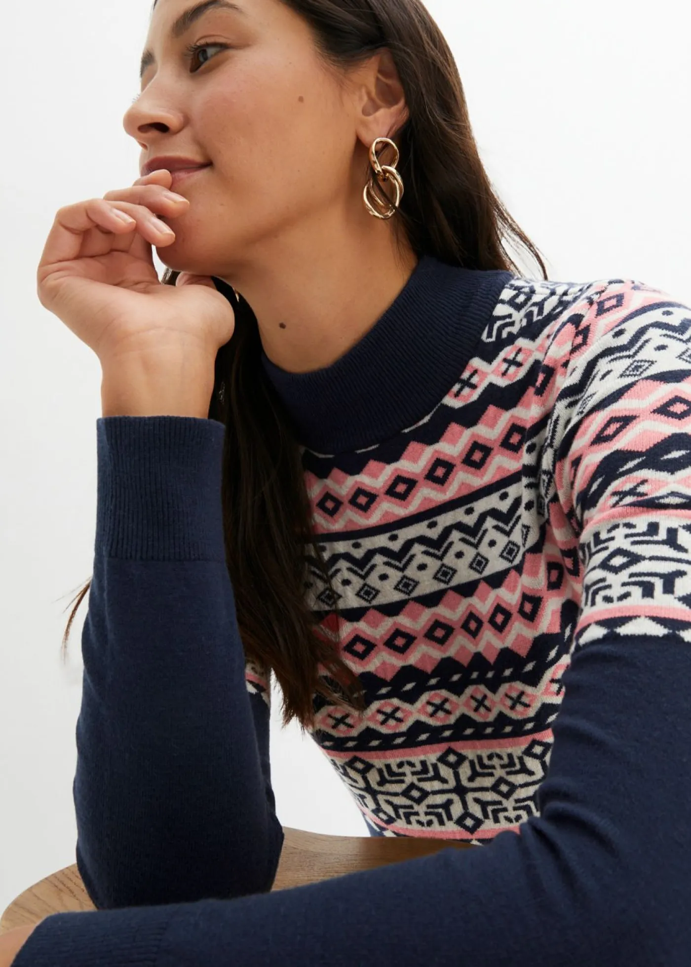 bonprix bonprix Vestido de punto premamá Azul marino con patrón nórdico Outlet