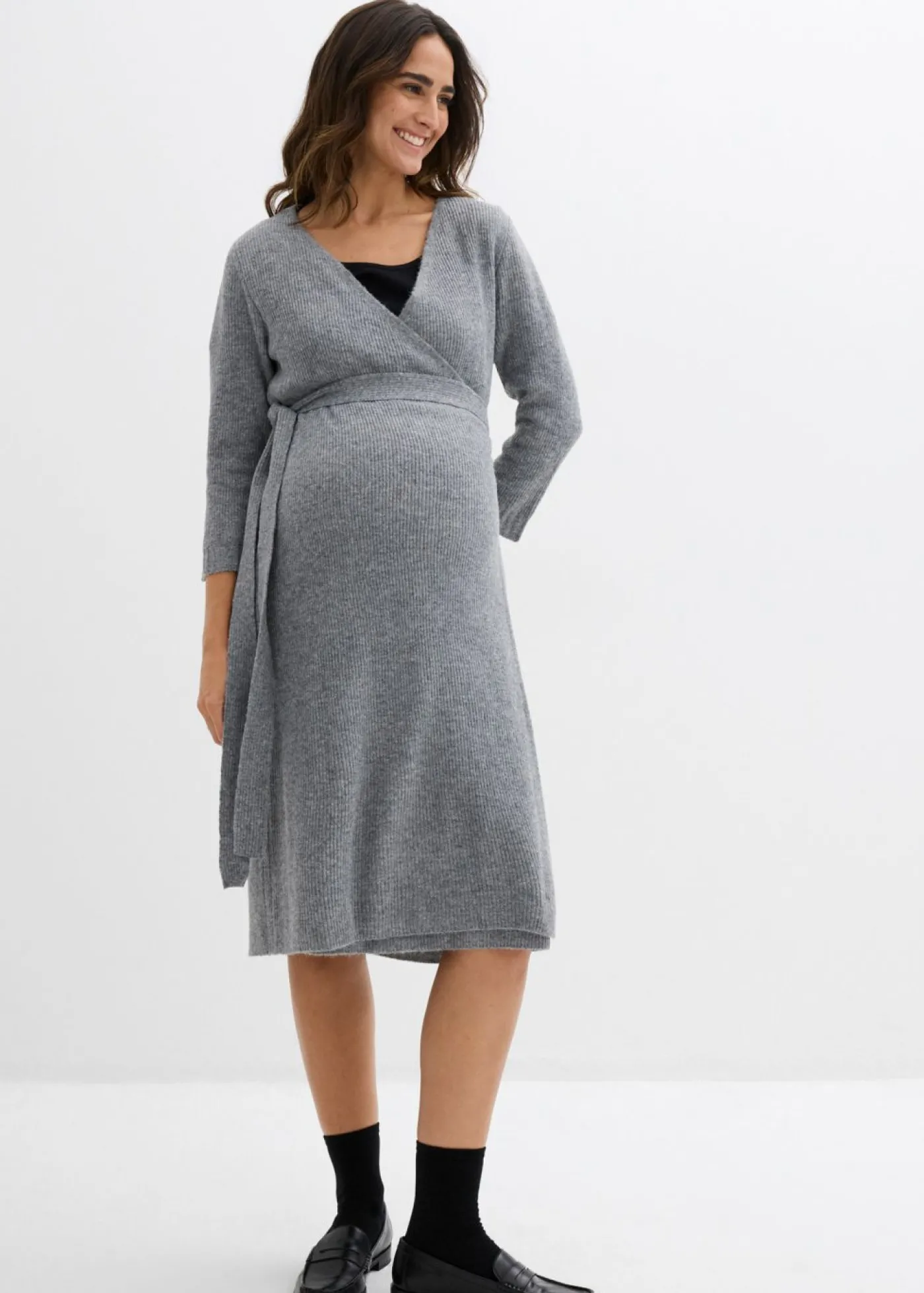 bonprix bonprix Vestido de punto suave para el embarazo y la lactancia con mangas 3/4 Marrón jaspeado Clearance